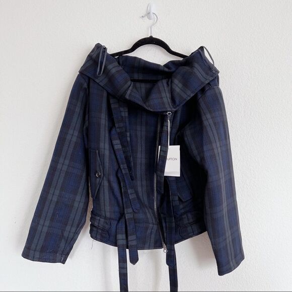 pushBUTTON wool Off Shoulder Jumper Jacket plaid in Navy Size XS - Picture 7 of 13